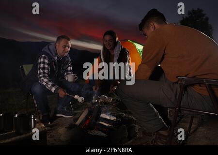 Eine Gruppe von Freunden, die abends am Lagerfeuer auf dem Campingplatz Marshmallows rösten Stockfoto