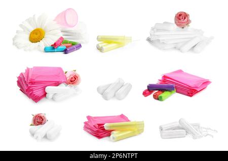 Pads und Tampons auf weißem Hintergrund, Stockfoto