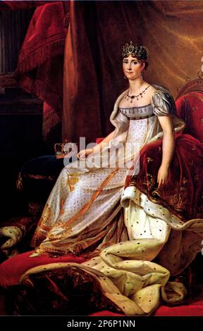 1799 Ca : JOSEPHINE de BEAUHARNAIS , Ehefrau von NAPOLEONE i BONAPARTE . Portrait von Josephine im Krönungskleid ( entworfen vom Maler David ) des französischen Malers LEFEVRE , Musée Malmaison , Frankreich - ADEL - NOBILI - NOBILTA' - REALI - KÖNIGE - Napoleon - Buonaparte - profilo - Profil - Spitze - pizzo - colletto - Kragen - Giuseppina - Bijoux - Schmuck - Juwelen - gioiello - gioielli - Orechino - Orechini - Ohrringe - Ohrtropfen - Chignon - corona - Krone - Diadema - Tiara - collana - Halskette - mantello - Mantel - Ermellino - Hermelin - Scollatura - Decollete' - Ausschnitt - Hals Stockfoto