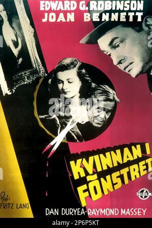 1944 : der FILM NOIR Film DIE FRAU IM FENSTER von Fritz lang , mit Edward G. Robinson , Joan Bennett , Dan Duryea und Raymond Massey , aus einem Roman von J.H. Wallis . Werbetoster aus Schweden - FILM - KINO - Poster pubblicitario - Poster - Werbung - locandina - DIVA - DIVINA - GÖTTLICH - VAMP - FEMME FATAL - ---- Archivio GBB Stockfoto