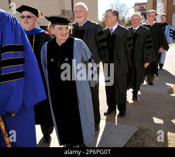 Former U.S. Secretary of State Madeleine K. Albright keeps in line before the inauguration processional, Friday, Jan. 27, 2012 at Texas Wesleylan University in Fort Worth, Texas.(AP Photo/The Fort Worth Star-Telegram, Max Faulkner) MAGS OUT