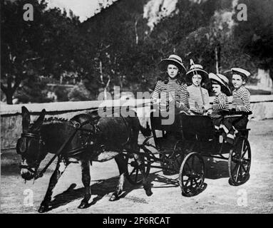 Ca. 1908 , Racconigi , Cuneo , ITALIEN : UMBERTO di SAVOIA Prinz von Piemont ( 1904 - 1983 ) , späterer König von Italien UMBERTO II , mit Schwestern : IOLANDA ( gebärdet auf Graf Carlo Calvi di Bergolo , 1887 - 1997 ) , MAFALDA ( Später verheiratet mit dem deutschen Prinzen Filippo d' Assia Kassel , Philipp von HESSEN , 1896 - 1980 ) und GIOVANNA ( verheiratet mit König Boris III , Bulgarien Sassonia Coburgo Gotha , geboren 1907 ) . Söhne des italienischen Königs VITTORIO EMANUELE III und Königin ELENA ( del Montenegro ). - ITALIA - personalità celebrità da BAMBINI - PERSÖNLICHKEIT PROMI - Persönlichkeiten Prominente als KIND - Stockfoto