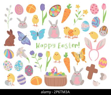 Set mit Motiven zur Osterfeier. Farbenfroher Cartoon-Stil, handgezeichnete Elemente isoliert auf weißem Hintergrund. Stock Vektor