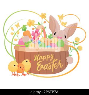 „Happy Easter“-Designelement für Grußkarten, Postkarten, Flyer, mit einem niedlichen Cartoon-Häschen, Eierkorb, Küken und anderen Osterelementen und Text. Stock Vektor