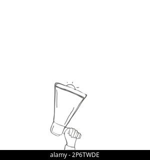 Hand hält EIN Megaphone Zeichnung macht laute neue Ankündigung an die Öffentlichkeit. Handfläche, Die Ein Elektronisches Bullhorn Ergreift, Das Spät Kraftvolle Produziert Stock Vektor