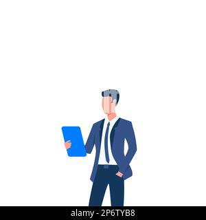 Abbildung eines Geschäftsmanns, der sein Tablet in der Hand hält und neue fantastische Ideen präsentiert. Mann In Formeller Kleidung Zeichnen Mit Minicomputer Nachrichten Teilen. Stock Vektor