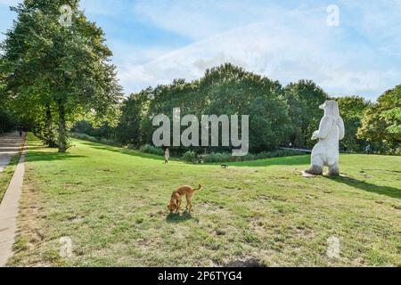 Amsterdam, Niederlande - 10. April 2021: Ein Hund, der an einem sonnigen Tag im Gras neben einer großen Steinstatue mit Bäumen und Büschen dahinter steht Stockfoto