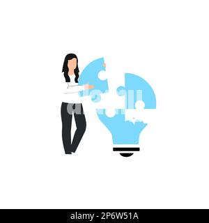 Lady in Suit hält ein Puzzleteil, das globales innovatives Denken symbolisiert, das Teamwork vollbringt. Frau trägt Puzzle zeigt erfolgreiche kreative Stock Vektor