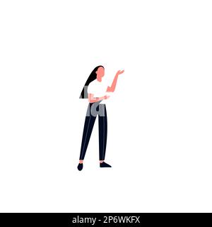 Junge Sängerin mit langen Haaren, die mit erhobenen Händen singt. Eine Frau, die mit Armen betet und eine Hymne aufführt Stock Vektor