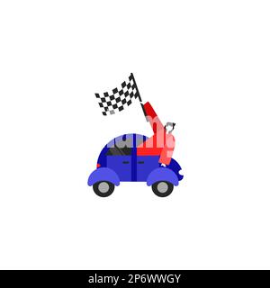 Geschäftsmann Winkt Banner Vom Fahrzeugrennen In Richtung Erfolgreicher Zukünftiger Fortschritte. Human Reaching Out Car Mit Flagge Für Neuesten Start Stock Vektor