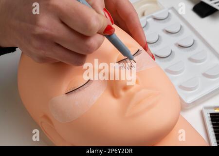 Grundausbildung, Wimpern an einer Schaufensterpuppe aus Silikon zu bauen. Wimpernverlängerung. Der Master-Marker legt die Führungslaschen des Kennzeichnungsschemas an. Stockfoto