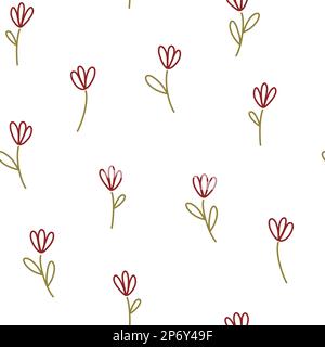 Handgezeichnete Tulpen auf weißem Hintergrund. Kindermotiv mit Blumenmotiv. Die kleine Feder senkt sich auf weißem Hintergrund ab Stockfoto