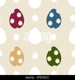 Nahtloses Ostereier-Muster. Handgezeichnete flache Eier und Blumen auf beigefarbenem Hintergrund. Einfacher durchgehender „Happy Easter“-Aufdruck Stockfoto