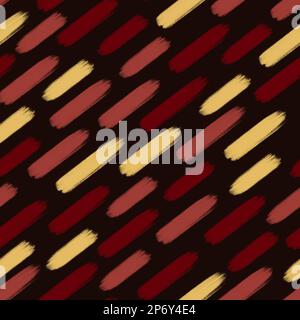 Kurze diagonale Streifen mit nahtlosem Muster. Gelbe und rote Pinselstriche auf schwarzem Hintergrund. Durchgehender Streifendruck für Papier- oder Stoffdesign Stockfoto