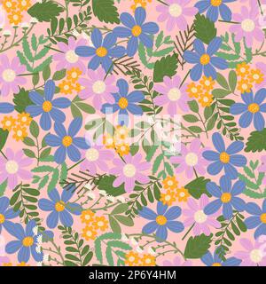 Viele Blumen, nahtloses Muster. Überlappende rosafarbene und blaue Blumen, Blätter auf pinkfarbenem Hintergrund. Süßer durchgehender Blumendruck Stockfoto