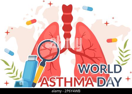World Asthma Day am 2. Mai Illustration mit Inhalator und Health Prevention Lungen in flachem Cartoon Hand gezeichnet für Web Banner oder Landing Page Templates Stock Vektor
