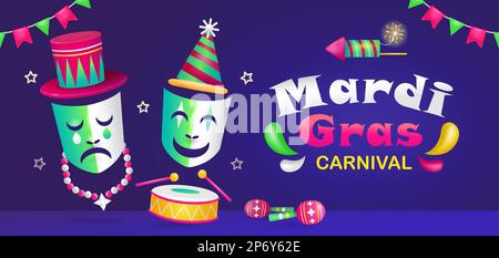 Karneval Mardi Gras, 3D Illustration von traurigen und fröhlichen Ausdrucksmasken Trommeln spielen Stock Vektor