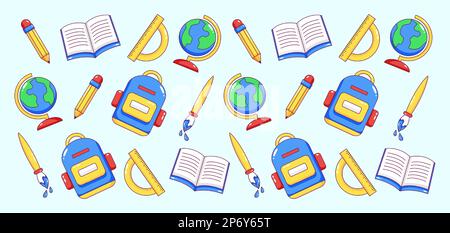 Schulausrüstung. Muster für Buch-, Stift-, Lineal-, Pinsel-, Beutel- und Globus-Symbole Stock Vektor