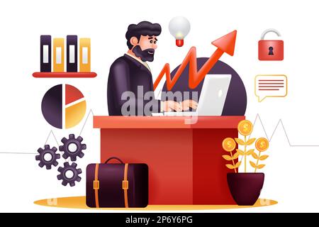 Geschäftsstrategie, 3D-Darstellung eines Mannes, der für die Weiterentwicklung des Unternehmens arbeitet Stock Vektor
