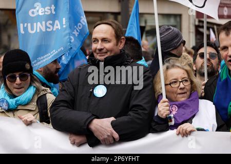 Paris, Frankreich. 7. März 2023. Laurent Escure (UNSA) nimmt am sechsten Tag der Mobilisierung gegen die Rentenreform Teil. Stockfoto