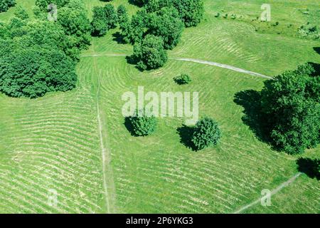 Luftaufnahme der Sommerparklandschaft mit grünen Bäumen, geschnittenem Rasen und Fußwegen. Stockfoto