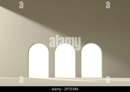 3D-Renderhintergrund mit pastellfarbenem Bogen und Tür für die Bildkomposition Stockfoto