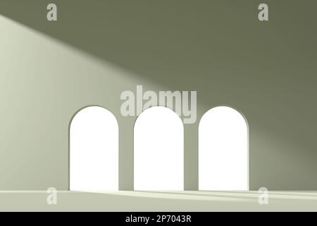 3D-Renderhintergrund mit pastellfarbenem Bogen und Tür für die Bildkomposition Stockfoto