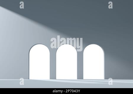 3D-Renderhintergrund mit pastellfarbenem Bogen und Tür für die Bildkomposition Stockfoto