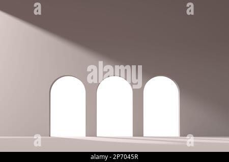 3D-Renderhintergrund mit pastellfarbenem Bogen und Tür für die Bildkomposition Stockfoto