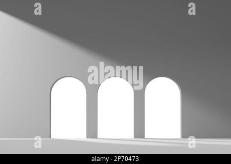 3D-Renderhintergrund mit pastellfarbenem Bogen und Tür für die Bildkomposition Stockfoto