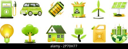Grüne Energie. Tankstelle, Elektroauto, Batterie, Recycling, Solarmodul und Windturbine 3D Symbol Stock Vektor