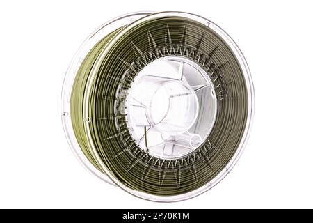 Draht für 3D-Druckrolle. Filament-Thermoplast für 3D-Druck isoliert auf weißem Hintergrund. Stockfoto