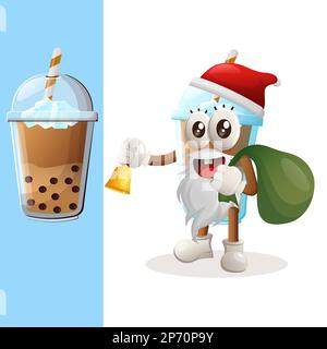 Süßes Bubble Tea Maskottchen santa claus Christmasfect für Lebensmittelgeschäfte, kleine Unternehmen oder E-Commerce, Merchandise und Aufkleber, Werbebanner, Food Revi Stock Vektor