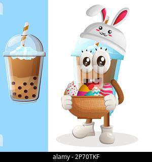 Süßes Bubble Tea Maskottchen trägt die Hasenmütze und hält osterei im Korb. Perfekt für Lebensmittelgeschäfte, kleine Unternehmen oder E-Commerce, Merchandise und Stock Vektor