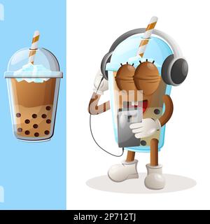 Süßes Bubble Tea Maskottchen, das Musik über Kopfhörer auf einem Smartphone hört. Perfekt für Lebensmittelgeschäfte, kleine Unternehmen oder E-Commerce, Merchandise und sticke Stock Vektor