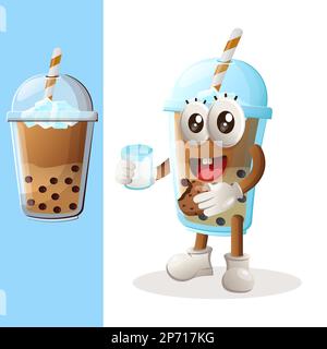 Süßes Bubble Tea Maskottchen Trinken Sie Milch und essen Sie Kekse. Perfekt für Lebensmittelgeschäfte, kleine Unternehmen oder E-Commerce, Merchandise und Aufkleber, Werbebanner, foo Stock Vektor