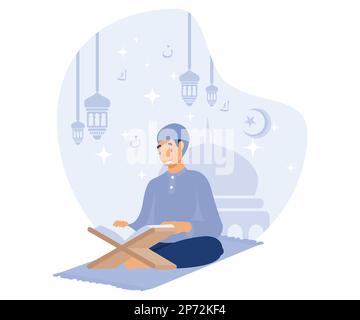 Der Mann liest Al Quran am Nacht Ramadan Tag, ramadan Kareem, flache, moderne Vektordarstellung Stock Vektor