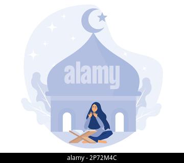 Ramadan-Nacht, muslimische Frau, die Al-Koran liest, flacher Vektor, moderne Illustration Stock Vektor