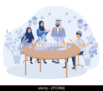 Ramadan-Abendessen. Muslimische Familie isst, iftar feiert. Arabische Festgerichte auf dem Tisch, rituelle Grüße. Nach dem Fasten, Eltern und Kinder zusammen, Fla Stock Vektor