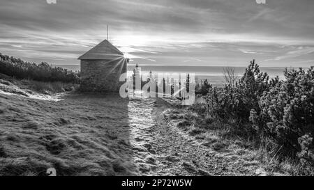 Ein frostiger, sonniger Morgen mit Sonnenstrahlen, die durch einen Steinunterschlupf im Jeleni studanka im Hruby-Jesenik-Gebirge in der Tschechischen Republik scheinen. Schwarzweißbild. Stockfoto