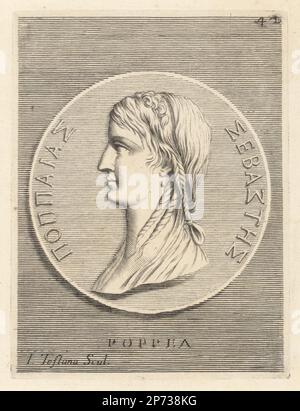 Poppaea Sabina oder Ollia, Tochter von Titus Ollius, heiratete Rufruius Crispinus, den Kopf der Claudius Prätorianischen Garde, und dann Otho, einen Unterstützer und Freund von Nero. Wurde Kaiser Neros Geliebter und dann seine Frau. Kopfbügel einer Frau mit Haaren in Zöpfen von einer Tetradrachm-Münze. Poppea. Copperplate-Gravur von Joseph Testana nach Giovanni Angelo Canini aus Iconografia, cioe disegni d'imagini de famosissimi monarchi, ¥, filososi, poeti ed oratori dell' Antichita, Zeichnungen von berühmten Monarchen, Königen, Philosophen, Dichtern und Rednern der Antiquität, Rom, 1699. Stockfoto