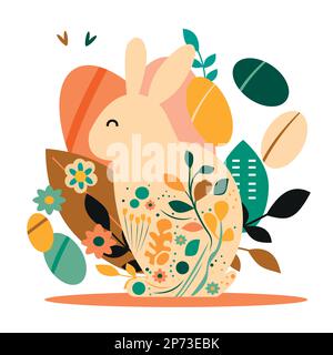 Süße abstrakte Darstellung eines Osterhasen umgeben von Pflanzen, Blumen und bunten Ostereiern. Grußkarte, Postkarte und flaches Symbol eines Ostens Stock Vektor