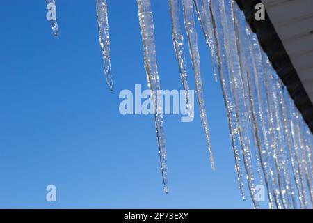 Eiszapfen hängen auf dem Dach eines Hauses vor einem hellblauen Himmel. Frühlingslandschaft mit Eiszapfen, die vom Dach des Hauses hängen. Schneeeis, Stockfoto