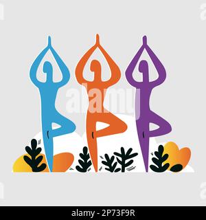 Abstrakte Zeichnung mit flachem Design von drei Personen, die Yoga und Dehnübungen im Freien durchführen. Stock Vektor