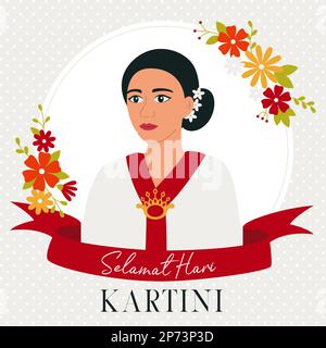 Kartini ist eine Heldin aus indonesien. Selamat Hari Kartini Bedeutet Happy Kartini Day. Asiatische Frau mit Blumen. Quadratische Karte mit Band. Flacher Vektor Krank Stock Vektor