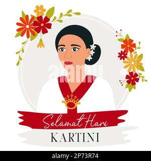 Selamat Hari Kartini Bedeutet Happy Kartini Day. Kartini ist eine indonesische Heldin. Asiatische Frau, umgeben von Blumen. Flachvektordarstellung. Stock Vektor