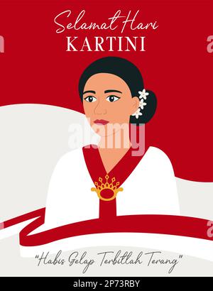 Selamat hari Kartini. Übersetzung Herzlichen Glückwunsch Kartini Tag. Kartini ist der Held der Frauenerziehung und der Menschenrechte in Indonesien. Eine Frau mit Indon-Hintergrund Stock Vektor