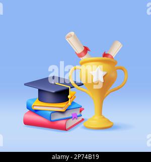 3D Goldtrophäe, Bücherstapel und Graduationsmappe Stock Vektor