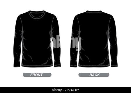 Schwarze, langärmelige T-Shirt-Designvorlage, Vorder- und Rückansicht. Vektordarstellung Stock Vektor