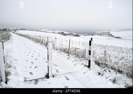 Brighton UK 8. März 2023 - die South Downs in Woodingdean östlich von Brighton sind mit Schnee bedeckt, da in Teilen des Vereinigten Königreichs für die nächsten Tage mit einem weiteren Rückgang gerechnet wird : Credit Simon Dack / Alamy Live News Stockfoto